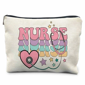 Detailed macro view of canvas nurse cosmetic bag with stethoscope heart print and metal zipper
