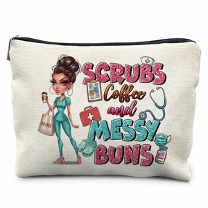 Detail of canvas nurse makeup bag with 'SCRUBS Coffee and MESSY BUNS' print and zipper