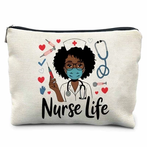 Detail of canvas nurse makeup bag with Nurse Life illustration and black zipper