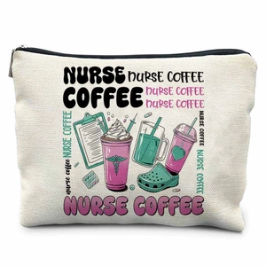 Detail view of nurse-themed canvas makeup bag featuring medical icons and artistic print