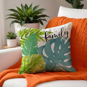 Tropical leaf print throw pillow cover with family text for farmhouse sofa decor