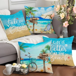 Taie d'Oreiller en Lin Plage Océan Été Palmier Côtier Housse de Coussin Décorative pour Canapé Salon Maison