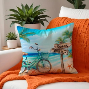Housse de coussin en lin avec vélo vintage, palmiers et motifs de plage océanique