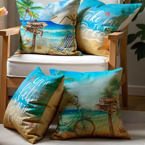 Housses de coussin d'été en lin thème plage avec motifs de palmiers et nautiques