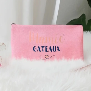 Trousse à maquillage en toile rose avec imprimé Mamie GÂTEAUX et fermeture éclair noire