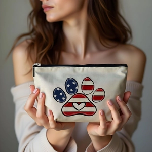 Handheld American flag paw print canvas makeup bag with heart detail and zipper