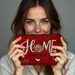 Red cosmetic travel bag with Home Sweet Home print and durable zipper closure for women