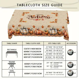 Size guide for fall Thanksgiving tablecloths showing rectangle round and oval dimensions