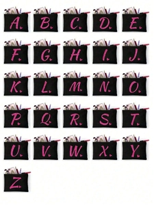 Detaillierte Sammlung von 26 schwarzen Kosmetiktaschen mit glitzerrosa A-Z Initialen