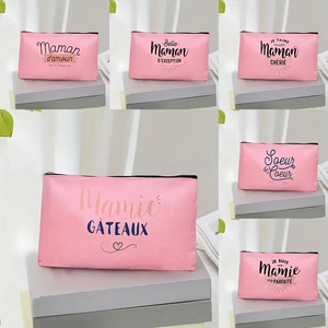 Trousse à Maquillage avec Inscription Française Portable en Lin Fin Pochette Cosmétique Voyage avec Fermeture Éclair Femme