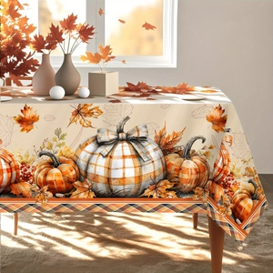 Autumn Thanksgiving tablecloth with hand-painted pumpkin maple leaf and plaid patterns