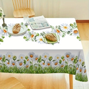 Floral rectangle tablecloth featuring white daisies and green leaves for dining decor
