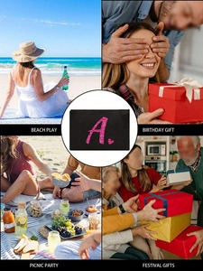 Schwarze Tasche mit rosa Glitzer-Buchstabe A in Strand- und Geburtstagsszenen