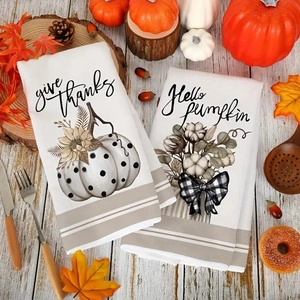 Detail of Give Thanks pumpkin and sunflower prints on microfiber kitchen towels