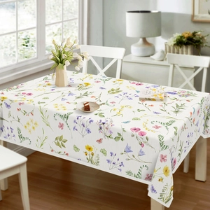 Detailed macro view of wild flower pattern on natural linen style rectangular tablecloth