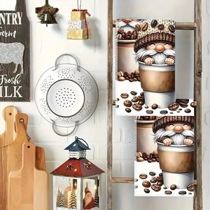 Zweiteiliges Set Mikrofaser-Küchentücher mit Kaffee-Gnom-Motiv für moderne Bauernhaus-Deko