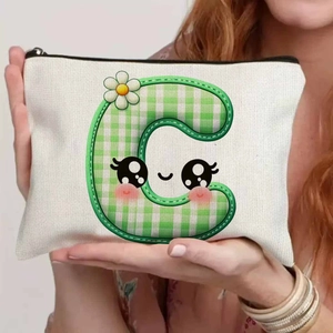 Cute white canvas makeup bag with green checkered letter C and smiling face design