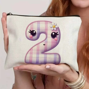 Close-up of canvas pouch featuring a colorful plaid cartoon number 2 held by hands