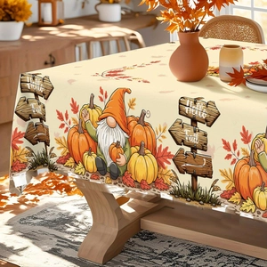 Rectangular Thanksgiving gnome tablecloth with Hello Fall pumpkin and maple leaf print