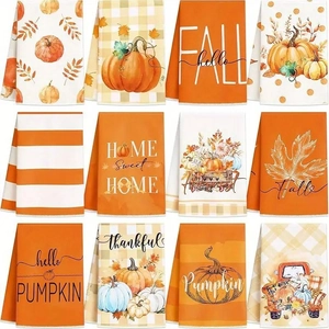 12-piece Thanksgiving microfiber kitchen towel set with pumpkin and maple leaf prints