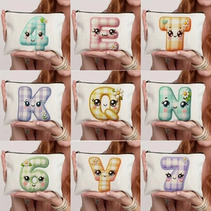 Cute Cartoon Alphabet Number Print Canvas Makeup Bag Women Travel Cosmetic Pouch Zipper Stationery Storage Bag Gift Pouch