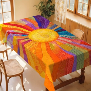 Detail of colorful sunburst pattern tablecloth on wooden dining table in bright room