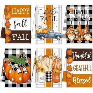 Set of 6 microfiber dish towels with autumn pumpkin, sunflower, and gnome prints