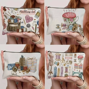 Vintage Linen Sewing Kit Storage Bag Creative Printed Cosmetic Bag Nordic Style Zipper Travel Makeup Organizer Stationery Pencil Case For Women