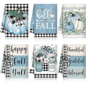 Set of 6 Thanksgiving microfiber dish towels featuring autumn pumpkins and maple leaf designs