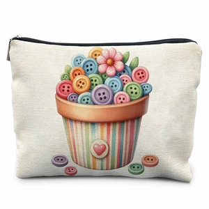 Canvas storage pouch with colorful button flower pot print and zipper closure