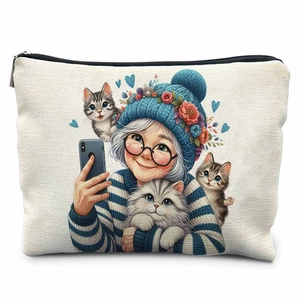 Detailed macro view showing the textured burlap fabric and vivid cat lady print on bag