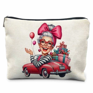 Detailed view of canvas makeup bag with cartoon fashion grandma in a red convertible