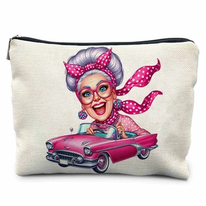 Detailed close-up showing canvas texture and zipper of the chic old lady printed pouch