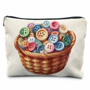 Close-up of canvas storage bag showing fine fabric texture and vintage button basket print