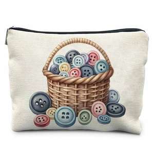 Close-up of off-white canvas storage pouch featuring a colorful button basket print