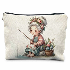 Chic granny fishing illustration canvas makeup organizer bag with zipper closure