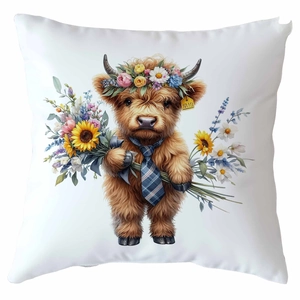 Highland cow pillow case with floral crown and sunflower print on white linen fabric