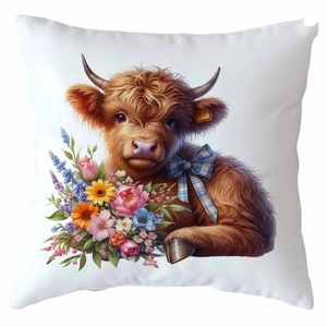 Detailed macro view of Highland Cow floral art printed on a white pillow cover fabric