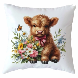 Floral Highland Cow throw pillow cover with a pink bow and butterfly on white background