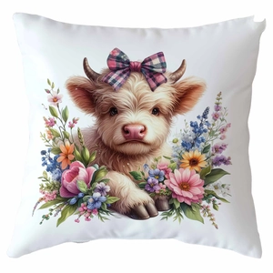 Detail of floral Highland cow cushion cover featuring pink peonies and lavender on white
