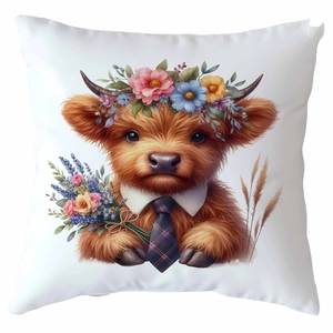 Close-up of Highland Cow pillowcase with floral wreath and lavender on white fabric