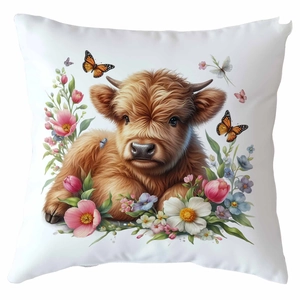 Macro shot of Highland Cow pillowcase with detailed floral print and colorful butterflies