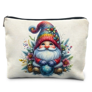 Winter watercolor Christmas gnome makeup bag made of durable cream canvas with zipper