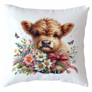 Close-up of highland cow pillow case with floral bouquet and pink heart details