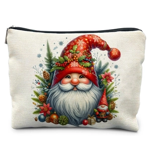 Detailed macro view of watercolor Christmas gnome print on linen textured makeup bag