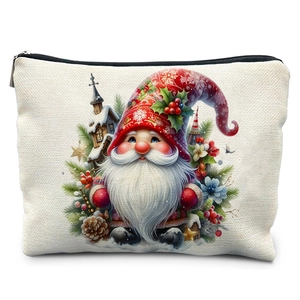 Winter watercolor Christmas gnome makeup bag with festive pine cones and red berries print