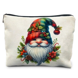 Close-up of a Christmas gnome canvas pouch featuring red and green plaid festive patterns
