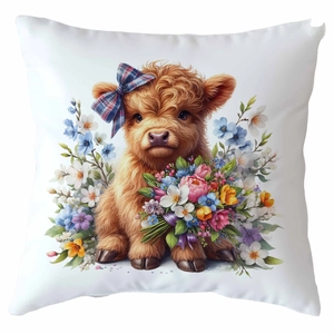 Highland cow floral pillow case with blue bow on white square cushion cover for home decor