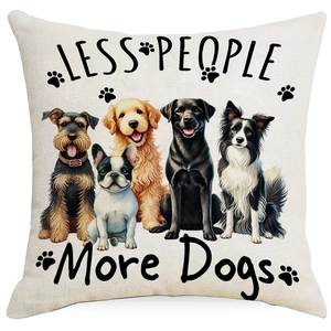 Detail of white cotton linen cushion cover featuring five dog breeds and quote