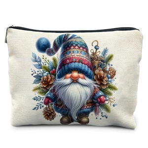 Detailed close-up of winter gnome watercolor print on premium canvas makeup bag
